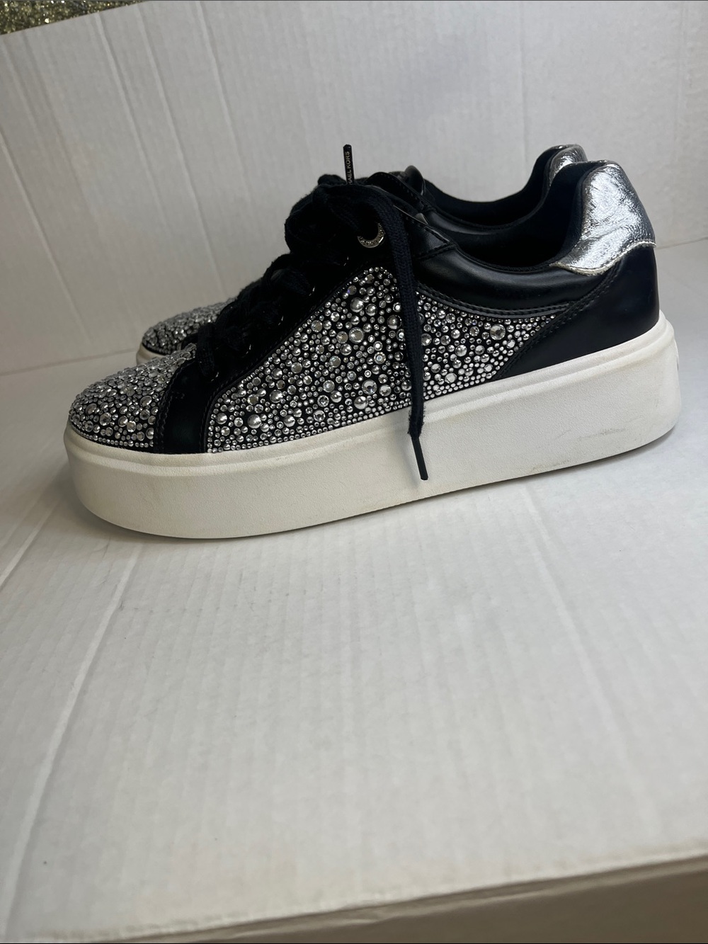 Michael Kors Black and Silver Crystal-Embellished Platform Sneakers - Picture 7 of 13